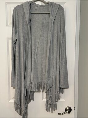 Pink Lotus Heather Gray Hooded Asymmetrical Fringe Hem Cardigan Sweater Sz Large